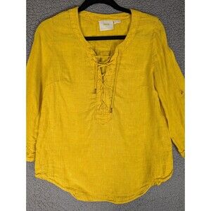 Maeve By Anthropologie Womens Mustard Yellow Marva Lace Up Linen Blouse Size 2